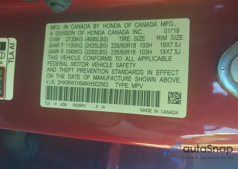 2019 Honda Cr-V Touring from USA, damaged, VIN 2HKRW1H94KH502563